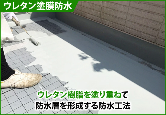 ウレタン塗膜防水：ウレタン樹脂を塗り重ねて防水層を形成する防水工法