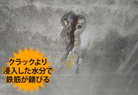 クラックより浸入した水分で鉄筋が錆びる
