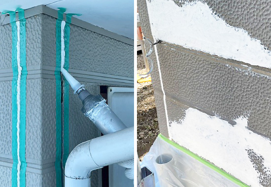 シーリング補修、下地処理をする様子