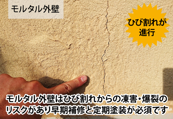 モルタル外壁はひび割れからの凍害・爆裂のリスクがあり早期補修と定期塗装が必須です