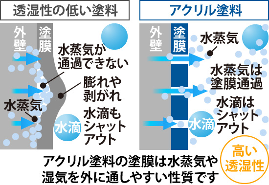 アクリル塗料の塗膜は水蒸気や湿気を外に通しやすい性質です