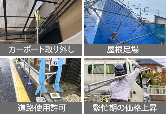カーポート取り外し、屋根足場、道路使用許可、繁忙期の価格上昇