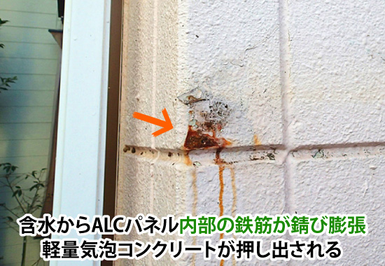 含水からALCパネル内部の鉄筋が錆び膨張、軽量気泡コンクリートが押し出される