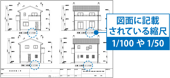図面に記載されている縮尺1/100や1/50