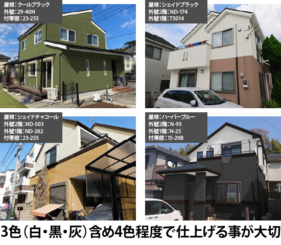 3色、白・黒・灰を含め4色程度で仕上げる事が大切