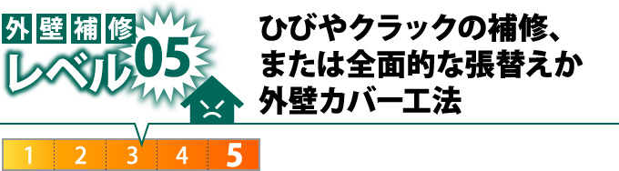 レベル5：ひびやクラックの補修または全面的な張替えか外壁カバー工法